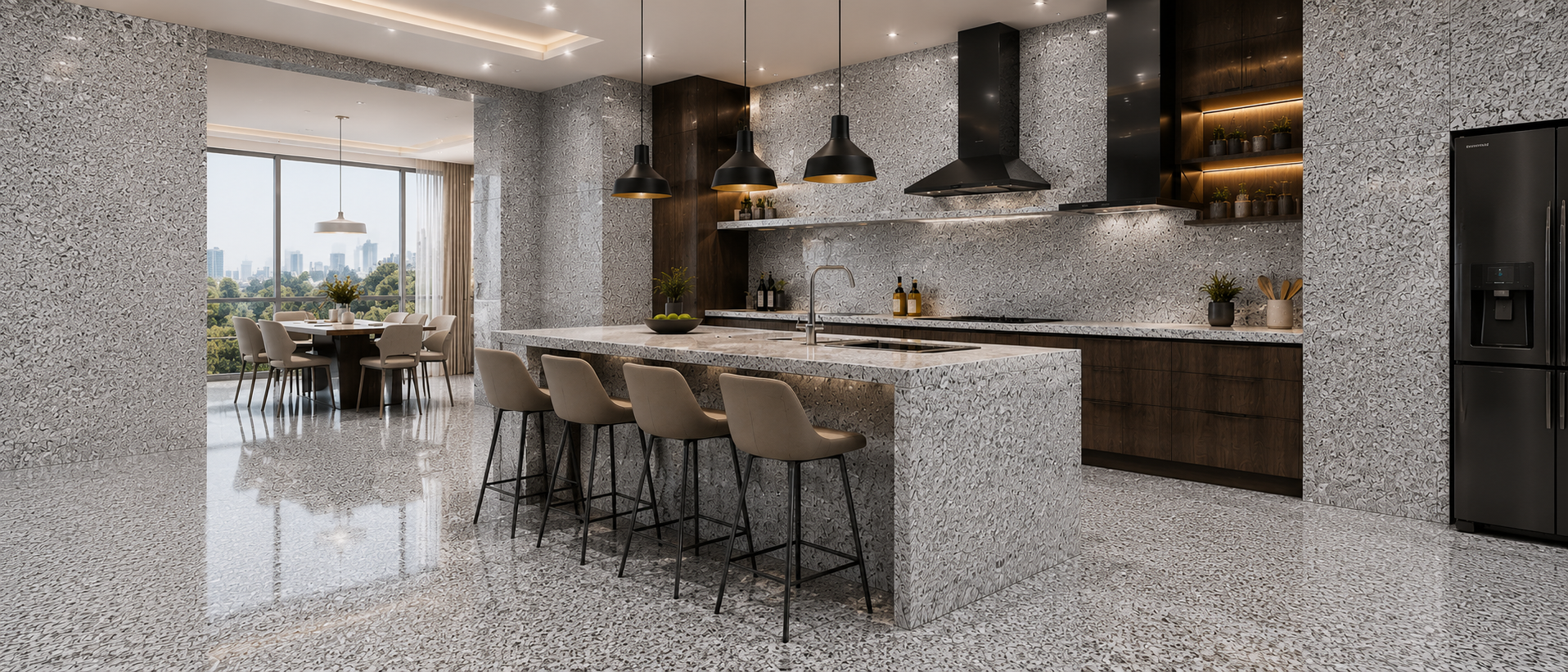Luxury granite showroom with SRK Granite wall emblem